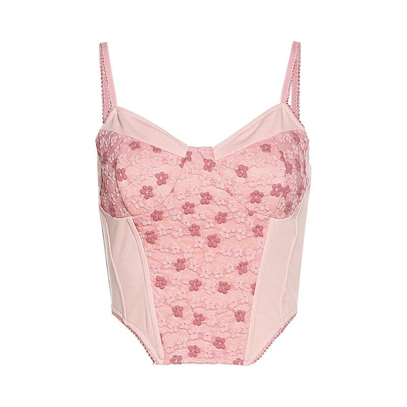 Kobine Women's Pastel Goth Pink Floral Lace Bustier