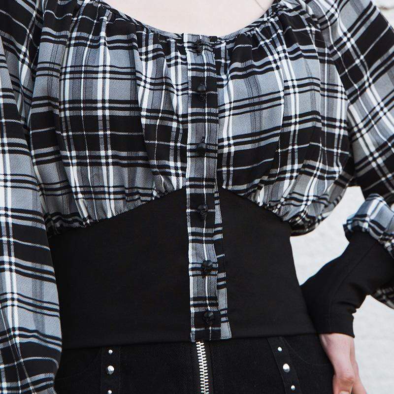 Women's Grunge Square Collar Puff Sleeved Plaid Tops