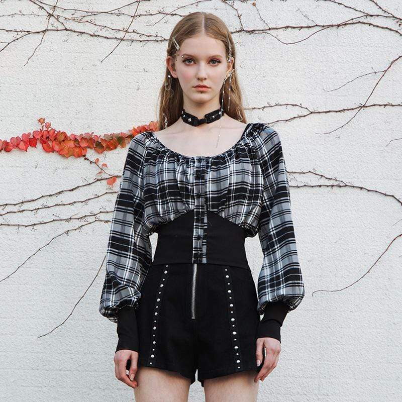 Women's Grunge Square Collar Puff Sleeved Plaid Tops