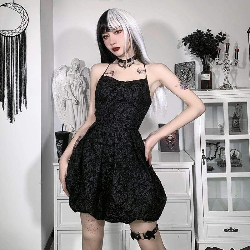 Women's Punk Backless Jacquard Black Slip Dresses