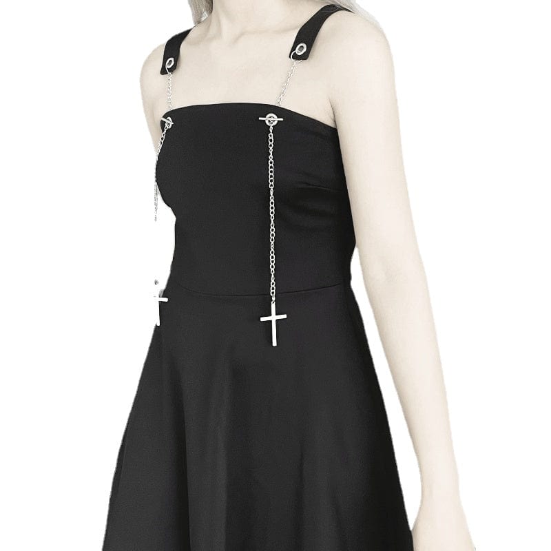 Kobine Women's Punk Black Slip Dress with Cross Chain