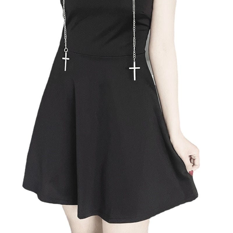 Kobine Women's Punk Black Slip Dress with Cross Chain