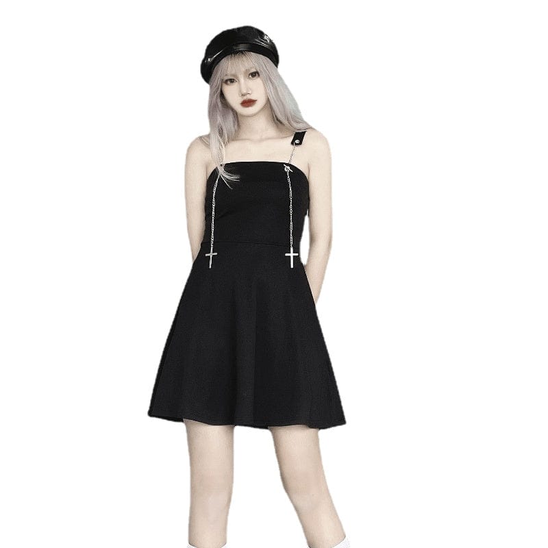 Kobine Women's Punk Black Slip Dress with Cross Chain