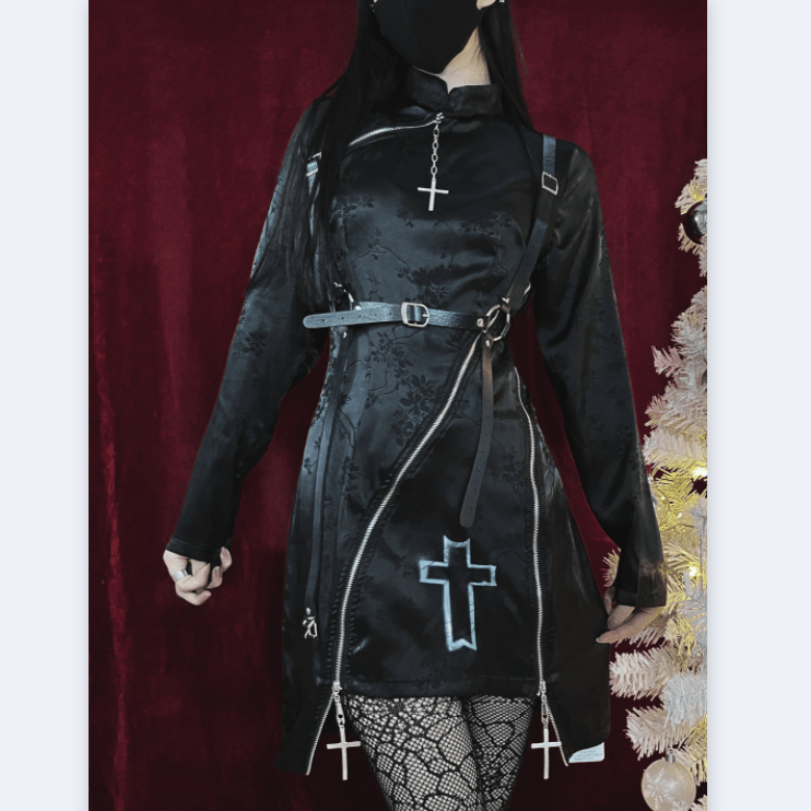Kobine Women's Punk Cross Printed Zipper Cheongsam Dress