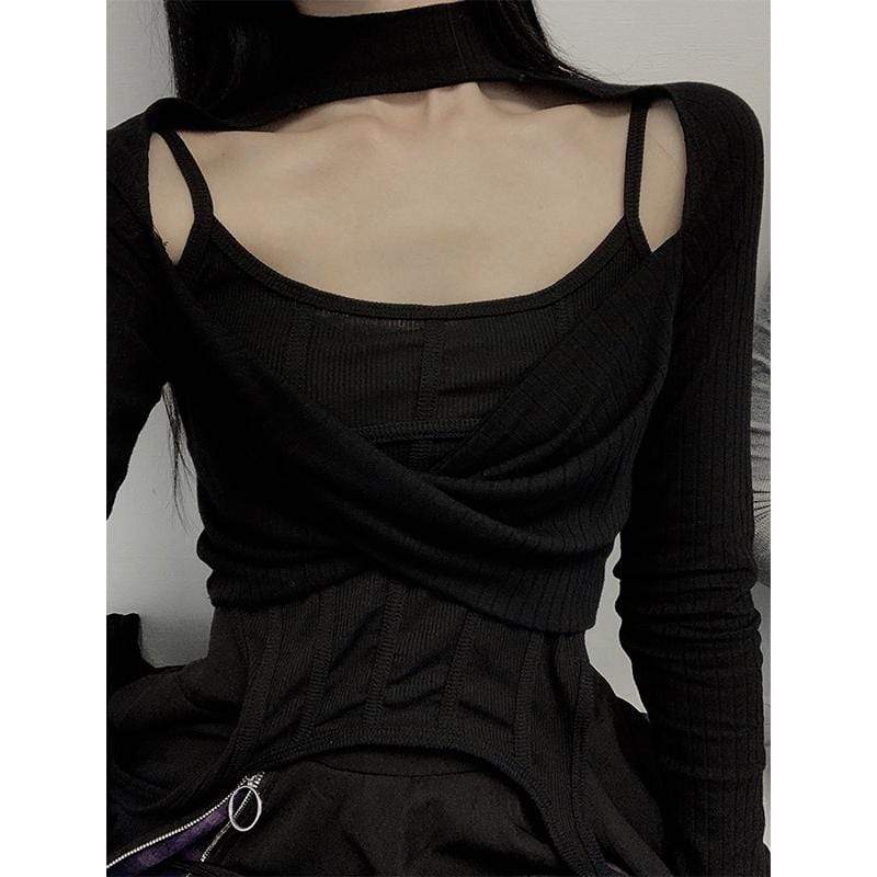 Women's Punk Cutout Cross Long Sleeved Tops