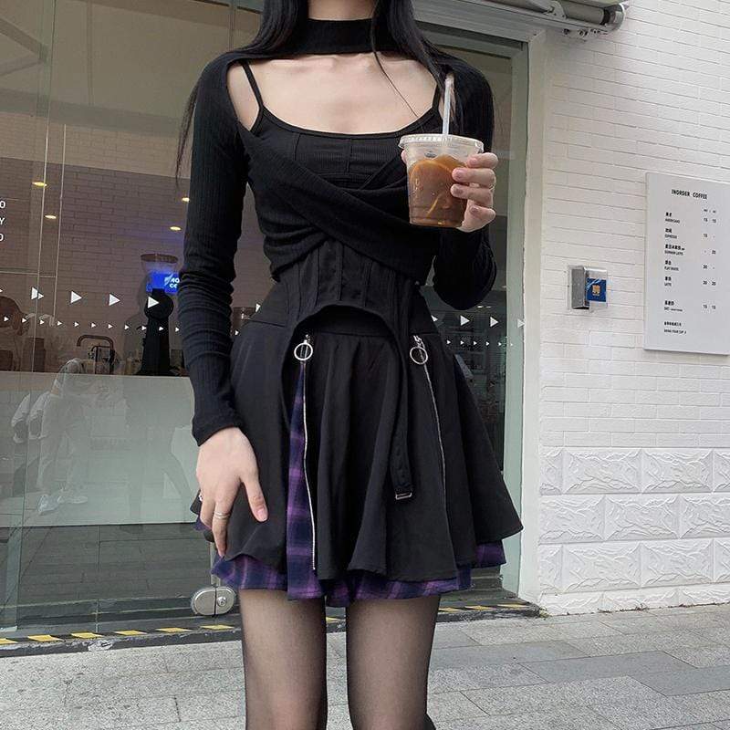 Women's Punk Cutout Cross Long Sleeved Tops