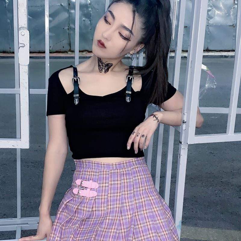 Women's Punk Cutout Shoulder Stripes Crop Tops