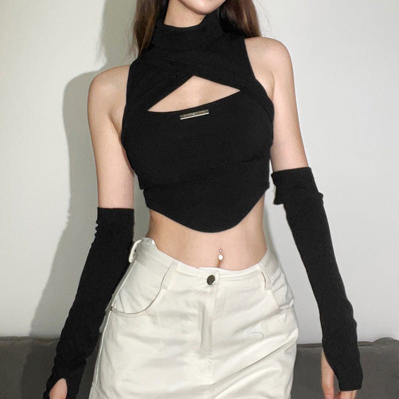 Kobine Women's Punk High Collar Cutout Bustier with Oversleeves