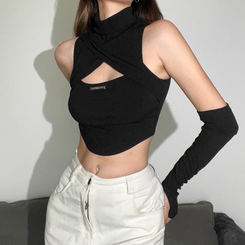 Kobine Women's Punk High Collar Cutout Bustier with Oversleeves