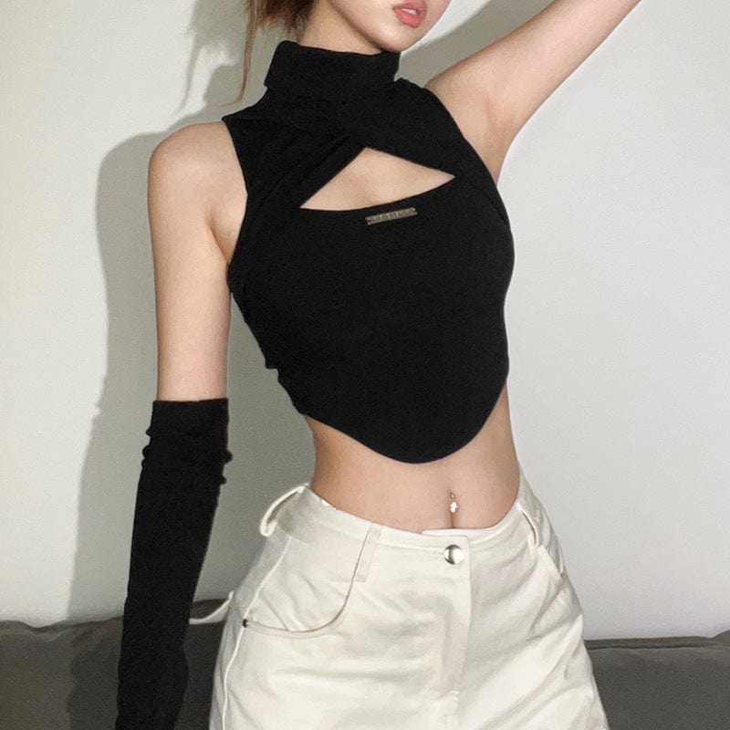 Kobine Women's Punk High Collar Cutout Bustier with Oversleeves