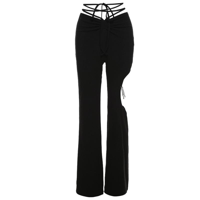 Kobine Women's Punk High-waisted Lacing-up Cutout Flared Pants