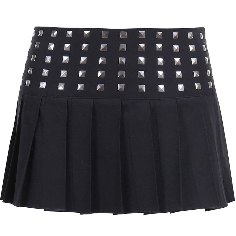 Kobine Women's Punk High-waisted Rivets Short Pleated Skirt