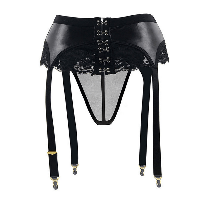 Kobine Women's Punk Lace Splice Faux Leather Clasp Underwear