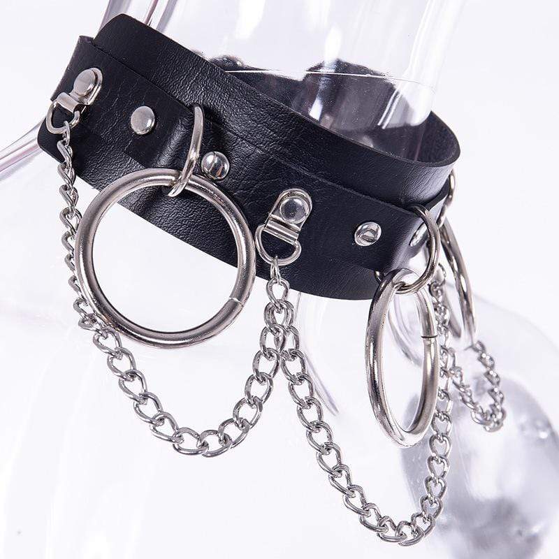 Women's Punk Metal Chains Faux Leather Wide Choker With Three Rings