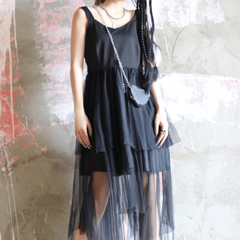 Women's Punk Multilayer Mesh Black Slip Dress with Love Heart Shoulder Bag