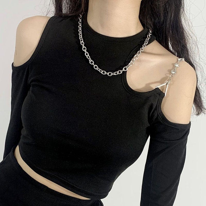 Kobine Women's Punk Off Shoulder Chain Crop Top