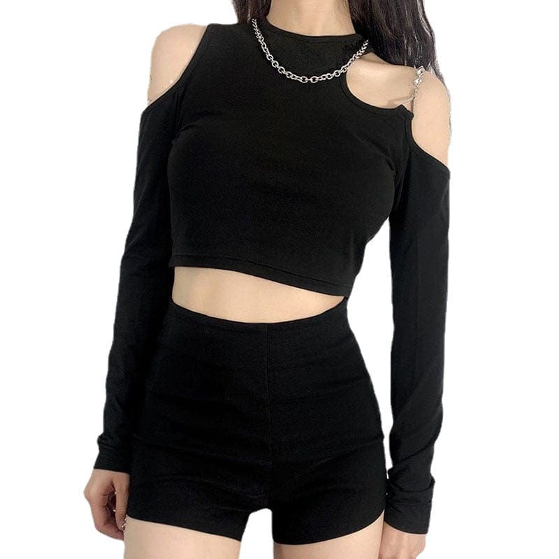Kobine Women's Punk Off Shoulder Chain Crop Top