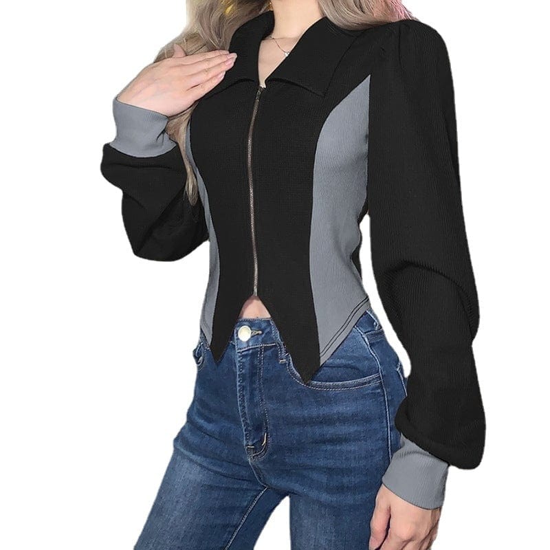 Kobine Women's Punk Puff Sleeved Zipper Irregular Cardigan