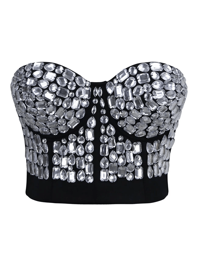 Women's Punk Rhinestone Push Up Bra Clubwear Party Bustier Crop Top