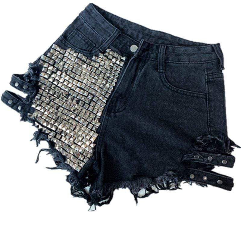 Women's Punk Rivets Straps Ripped High-waisted Denim Shorts