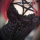 Women's Punk Rock Lace-up Floral Velet Crop Tops with Lace Hem