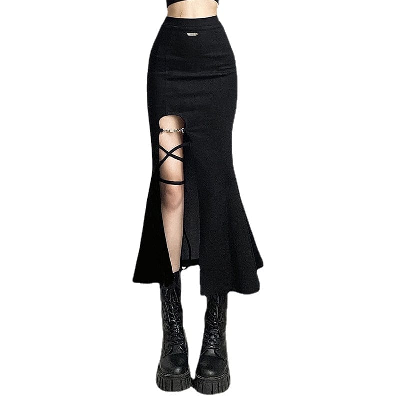 Kobine Women's Punk Side Slit Fishtail Skirt