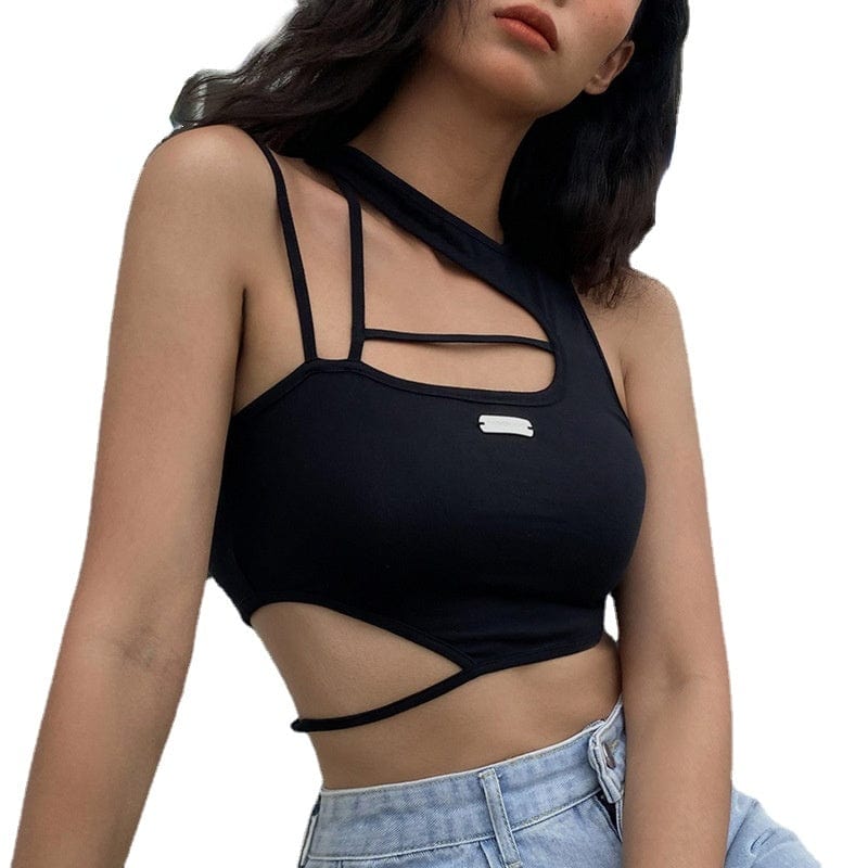 Kobine Women's Punk Slim Fitted Irregular Cutout Crop Top