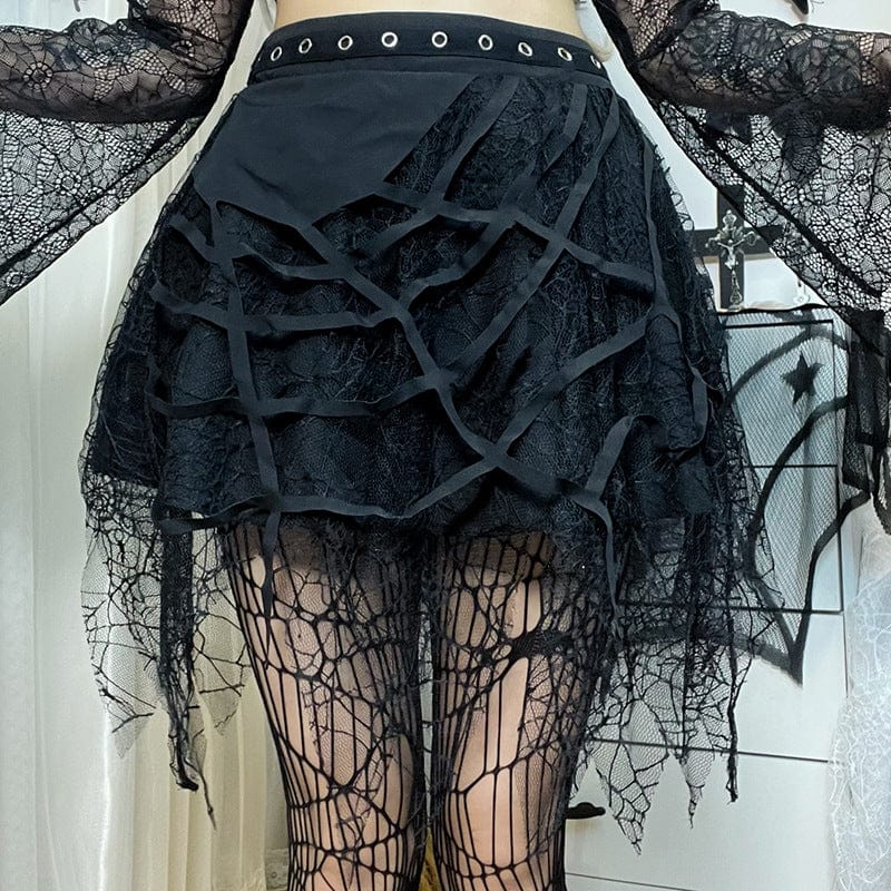 Kobine Women's Punk Spider Web Lace Splice Skirt