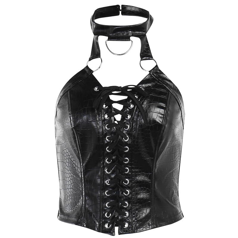 Kobine Women's Punk Strappy Faux Leather Halterneck Vest