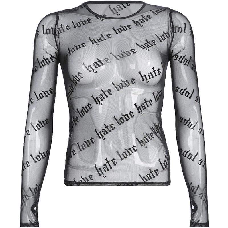 Women's Round Collar Letter Printed Sheer Mesh Tops