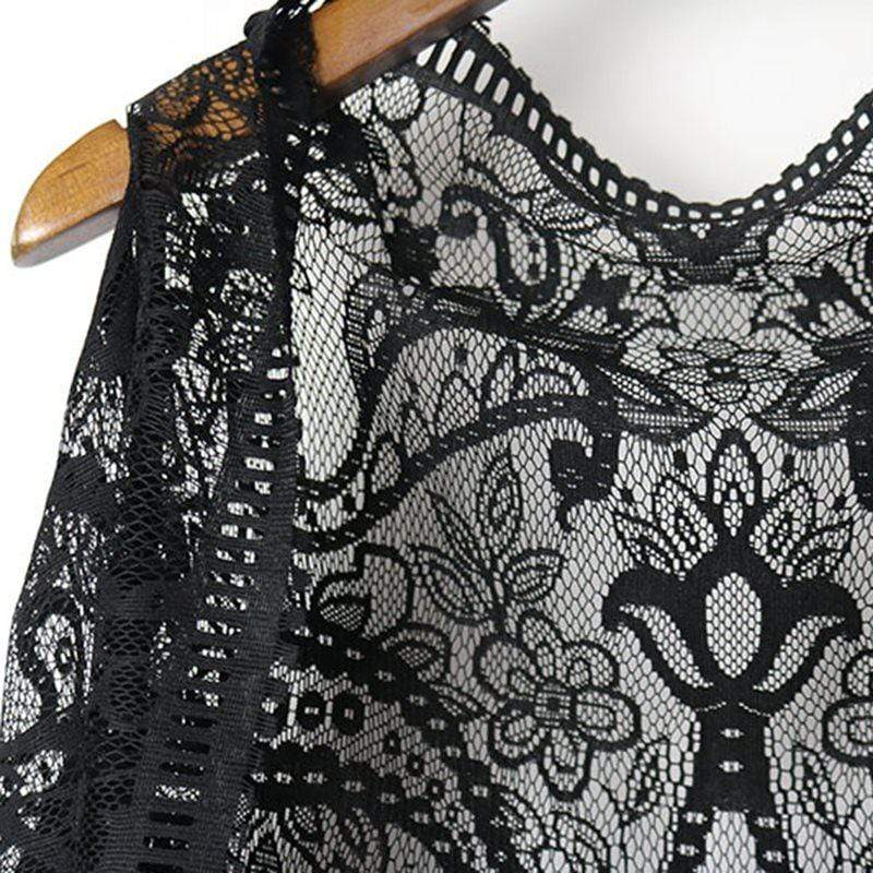 Women's Sheer Flare Lace Fringes Crochet Black Vests