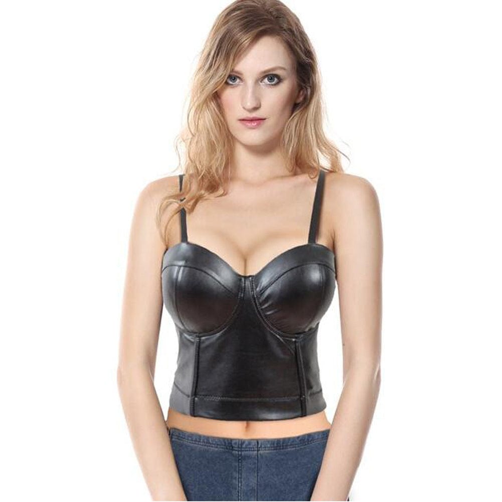 Kobine Women's Spaghetti Straps Faux Leather Bustier Crop Top