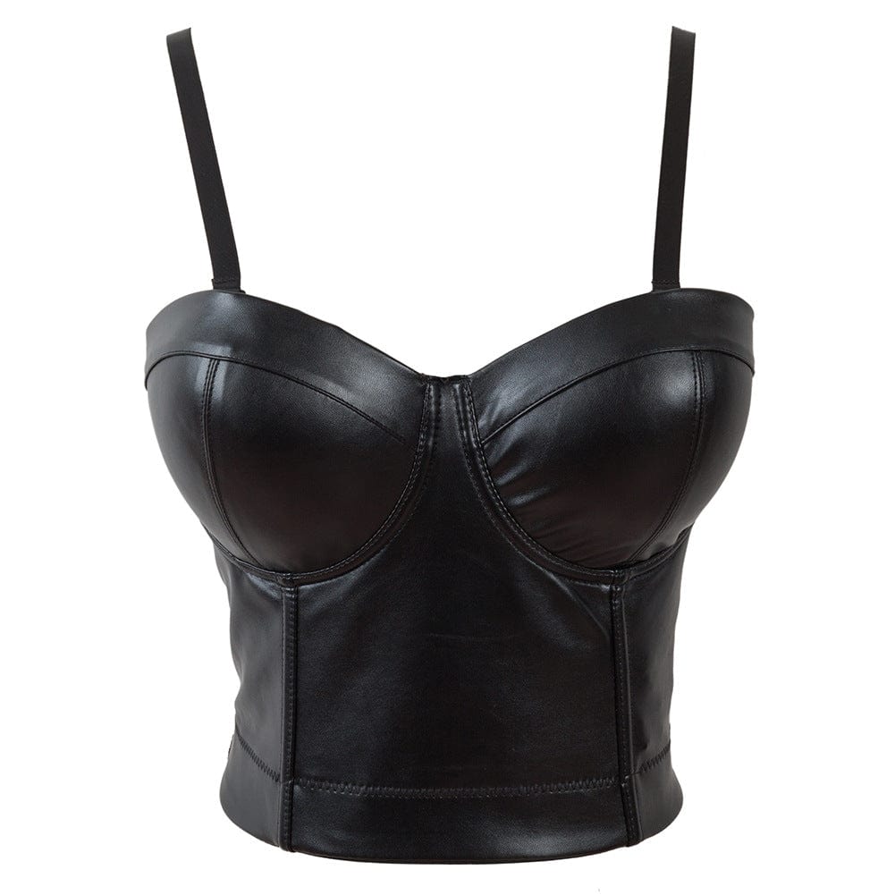 Kobine Women's Spaghetti Straps Faux Leather Bustier Crop Top