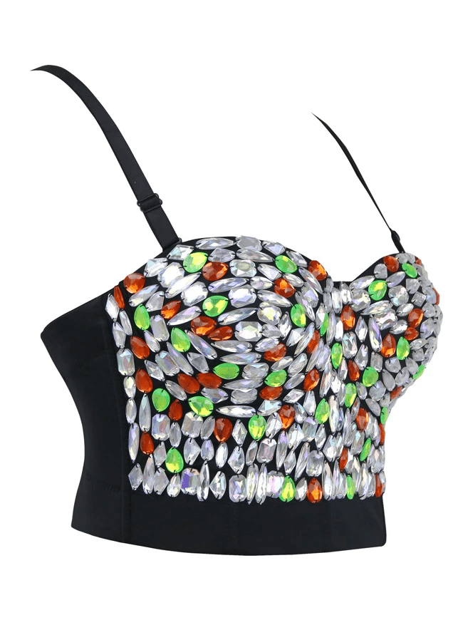 Women's Spaghetti Straps Rhinestone Beaded Push Up Bra Studded Gem Clubwear Party Bustier Crop Top