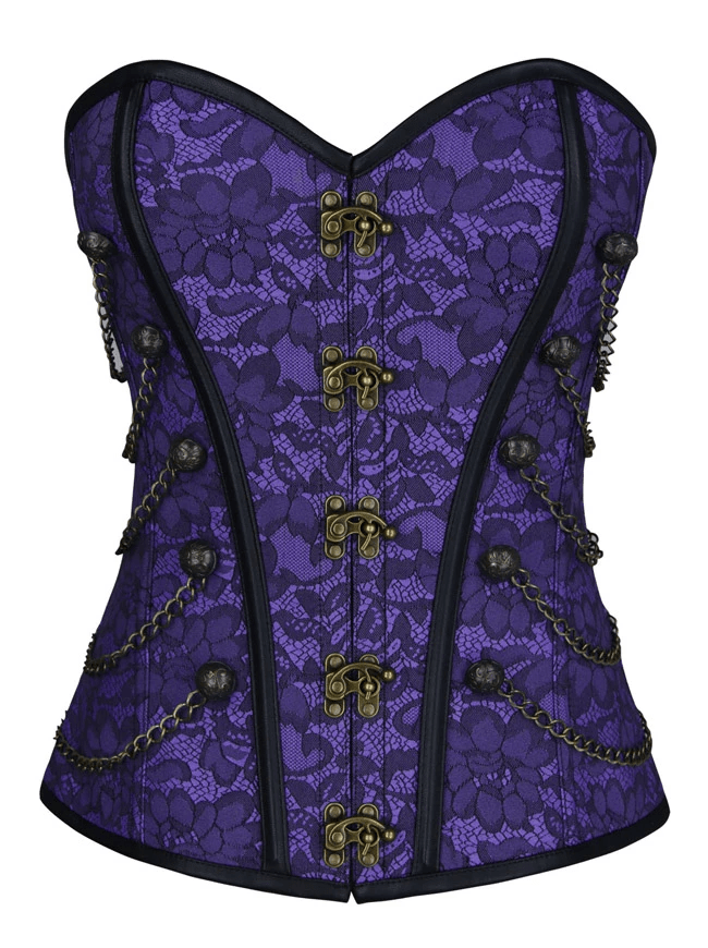 Women's Steampunk Gothic Jacquard Brocade Overbust Corset with Chains