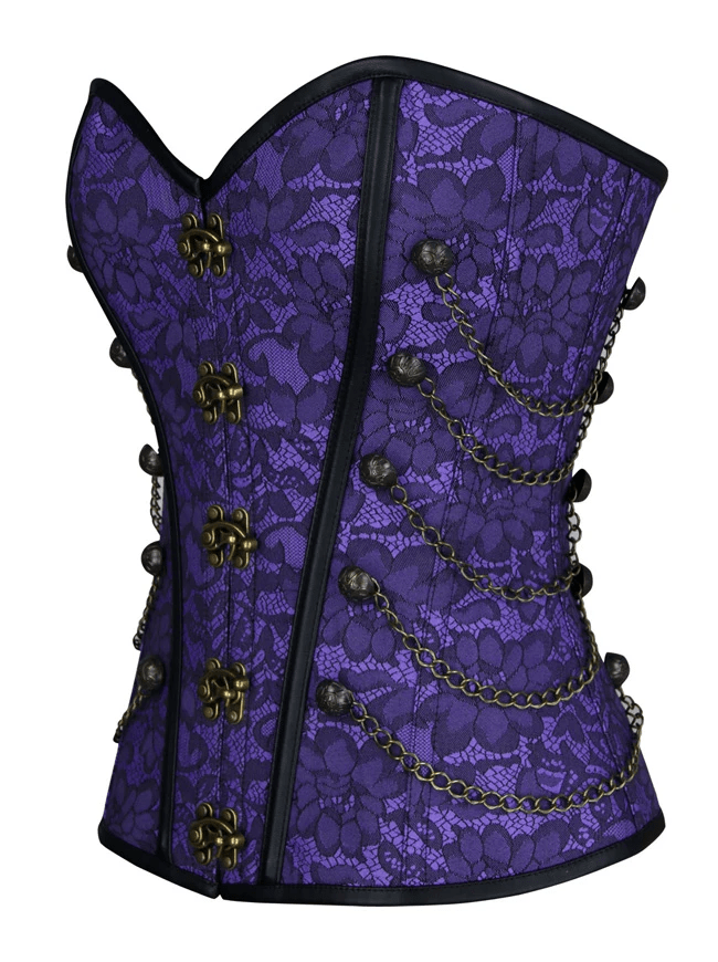 Women's Steampunk Gothic Jacquard Brocade Overbust Corset with Chains