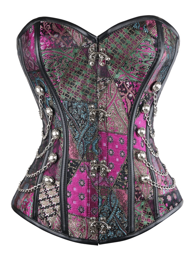 Women's Steampunk Gothic Spiral Steel Boned Brocade Waist Cincher Overbust Corset with Chains