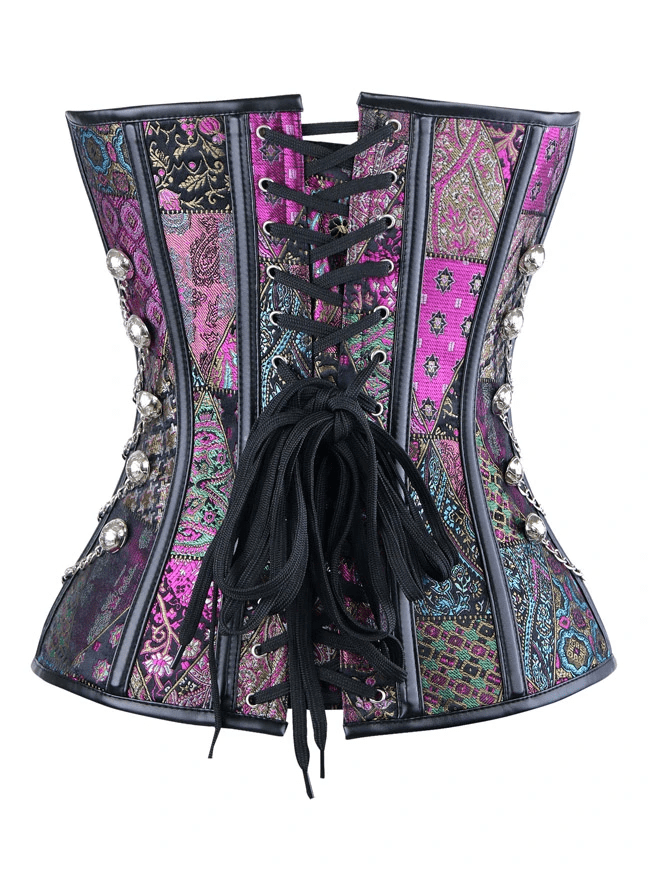 Women's Steampunk Gothic Spiral Steel Boned Brocade Waist Cincher Overbust Corset with Chains