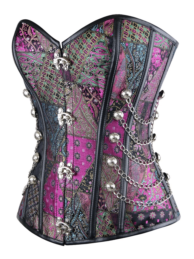 Women's Steampunk Gothic Spiral Steel Boned Brocade Waist Cincher Overbust Corset with Chains