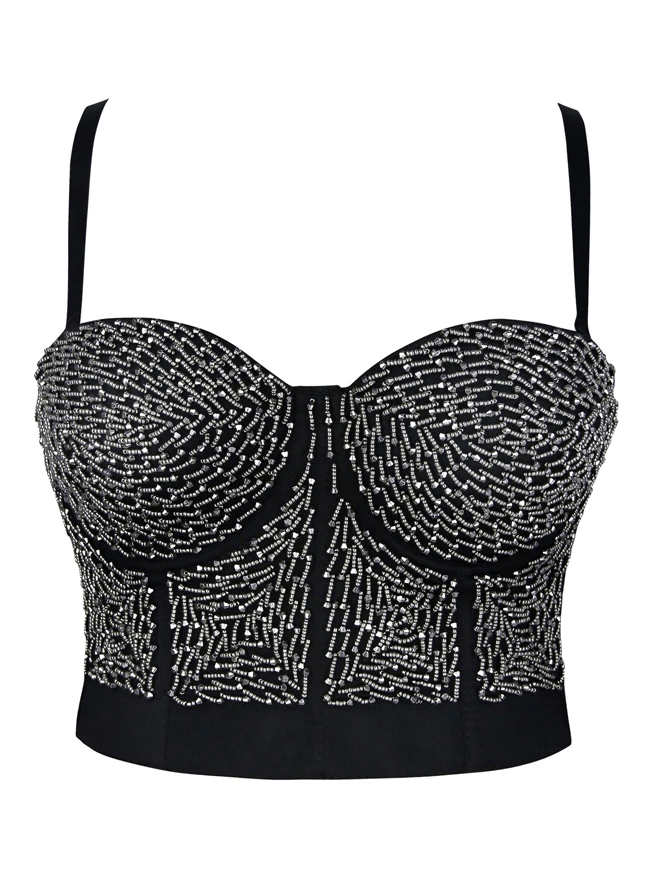 Women's Steampunk Metallic Beaded Push Up Clubwear Bustier Crop Top Bra