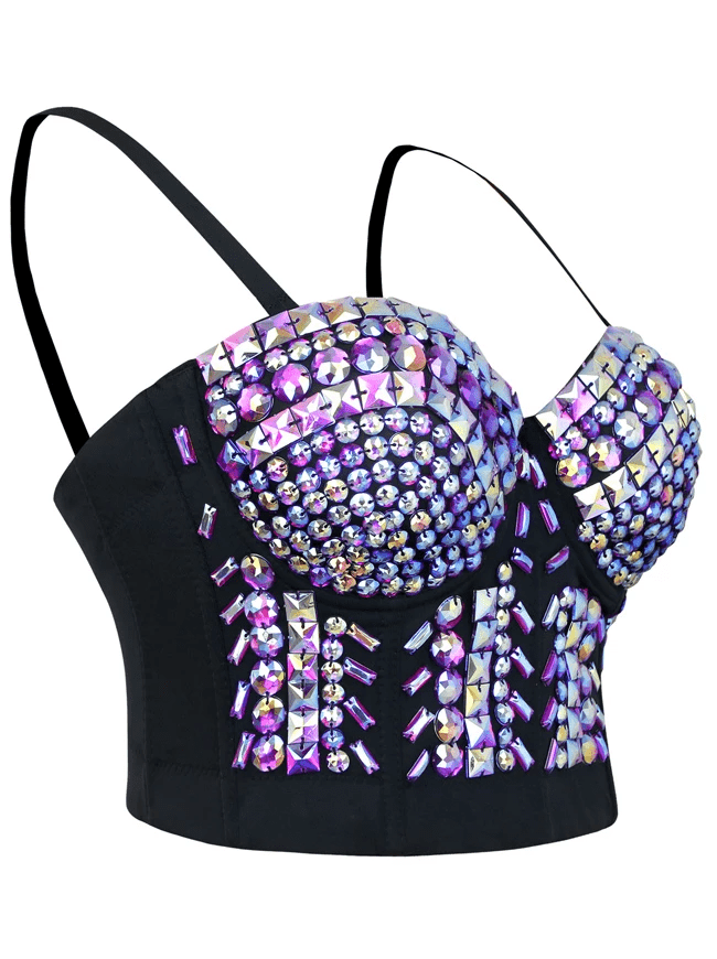 Women's Steampunk Studs Rivets Beaded Clubwear Bustier Crop Top Bra