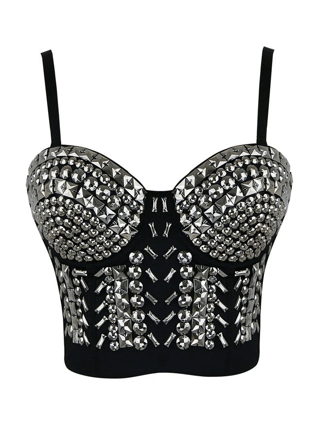 Women's Steampunk Studs Rivets Beaded Clubwear Bustier Crop Top Bra