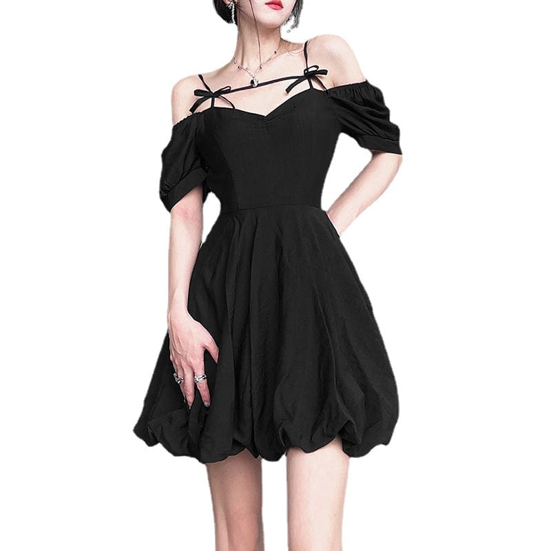 Kobine Women's Vintage Bowknot Off Shoulder Black Little Dress