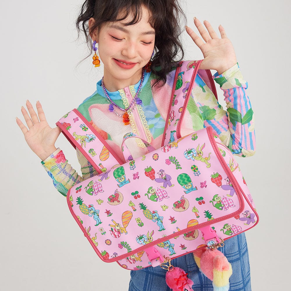 Pink Kawaii Women's Cartoon Printed Buckles Quadrate Backpack