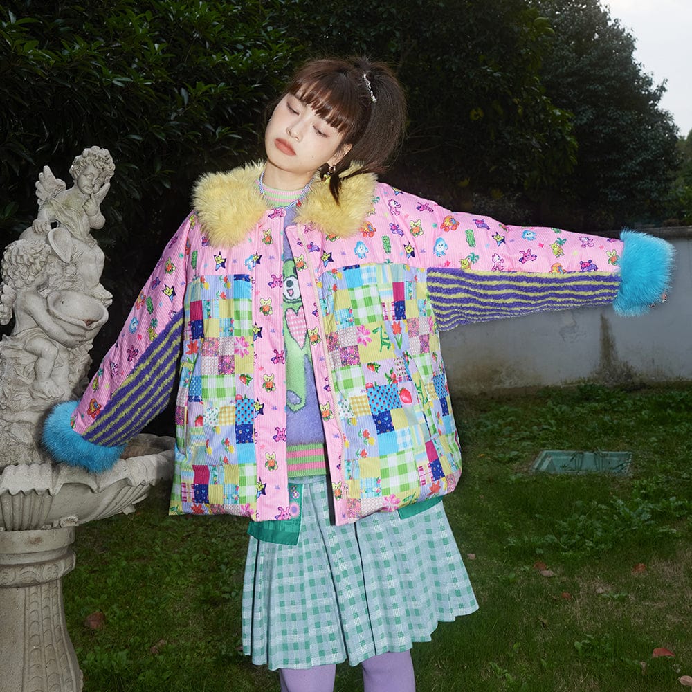 Pink Kawaii Women's Cartoon Printed Plush Splice Coat