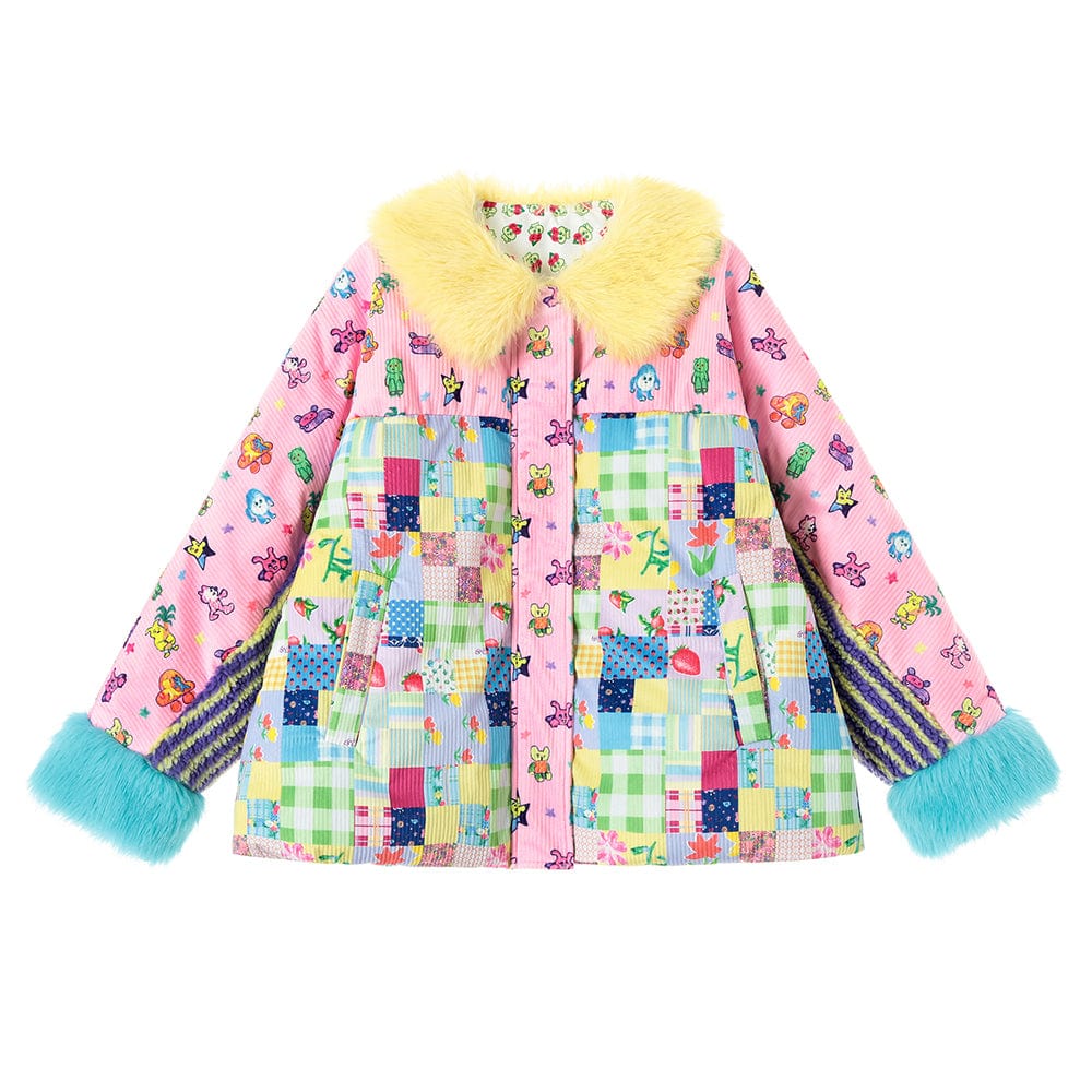 Pink Kawaii Women's Cartoon Printed Plush Splice Coat