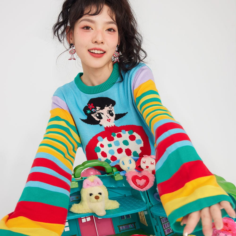 Pink Kawaii Women's Chromatic Stripes Cartoon Knitted Sweater