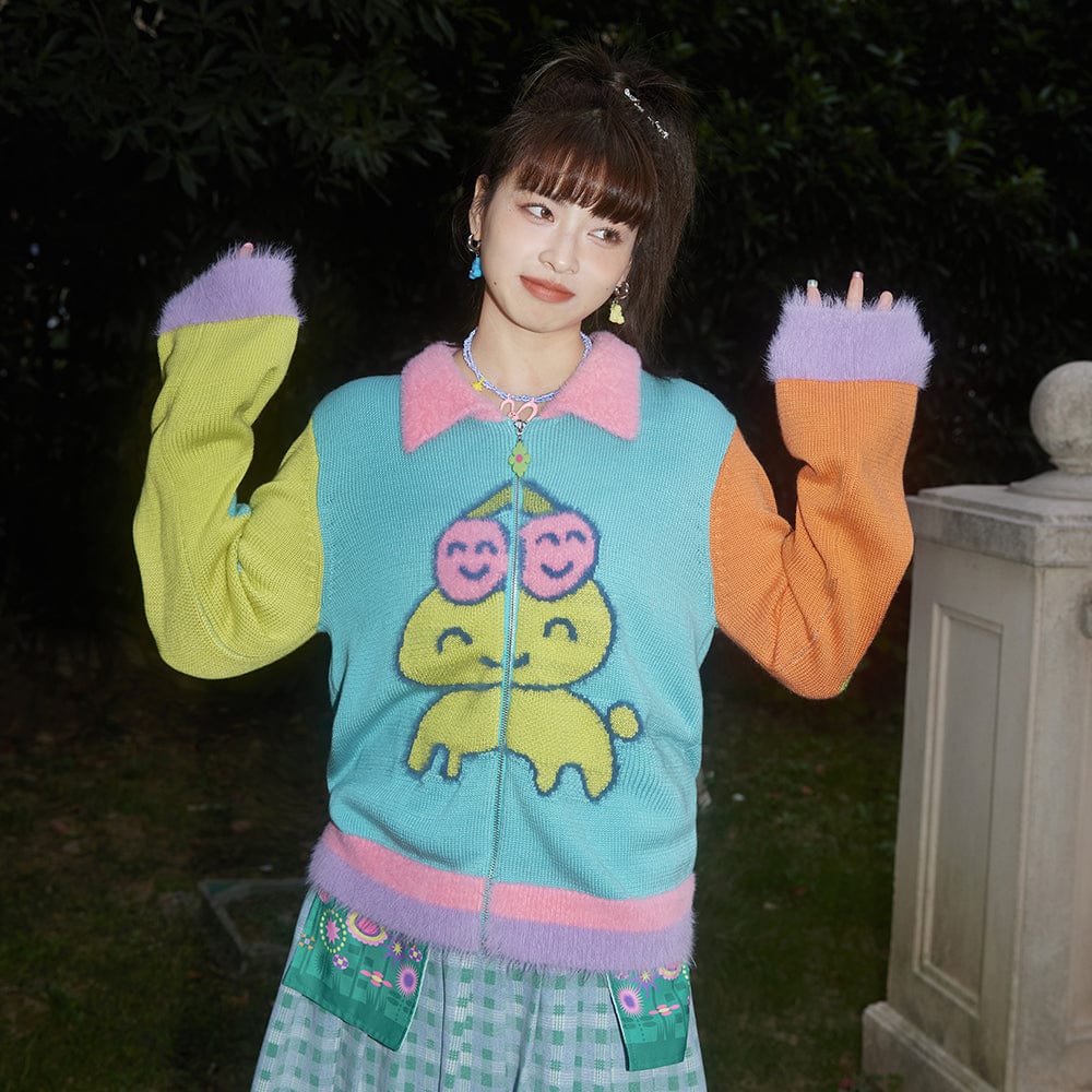 Pink Kawaii Women's Contrast Color Cartoon Knitted Zipper Cardigan