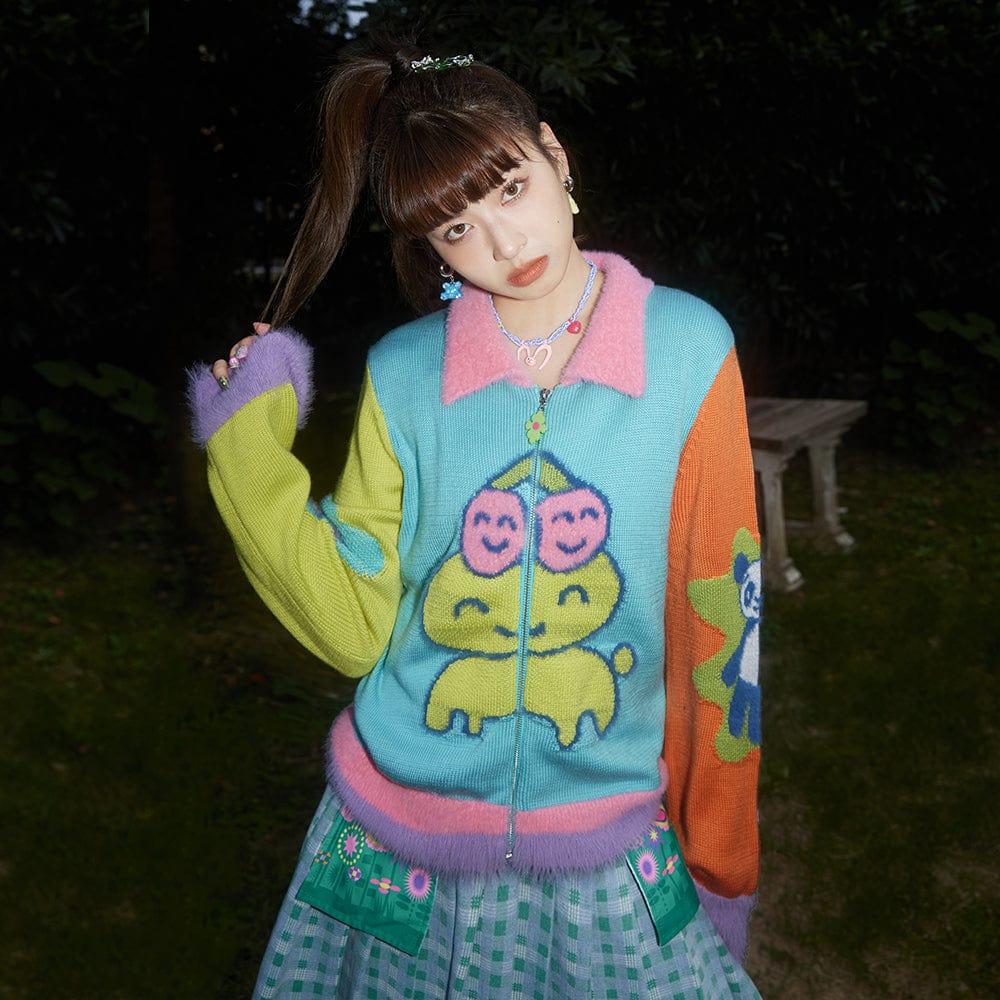 Pink Kawaii Women's Contrast Color Cartoon Knitted Zipper Cardigan