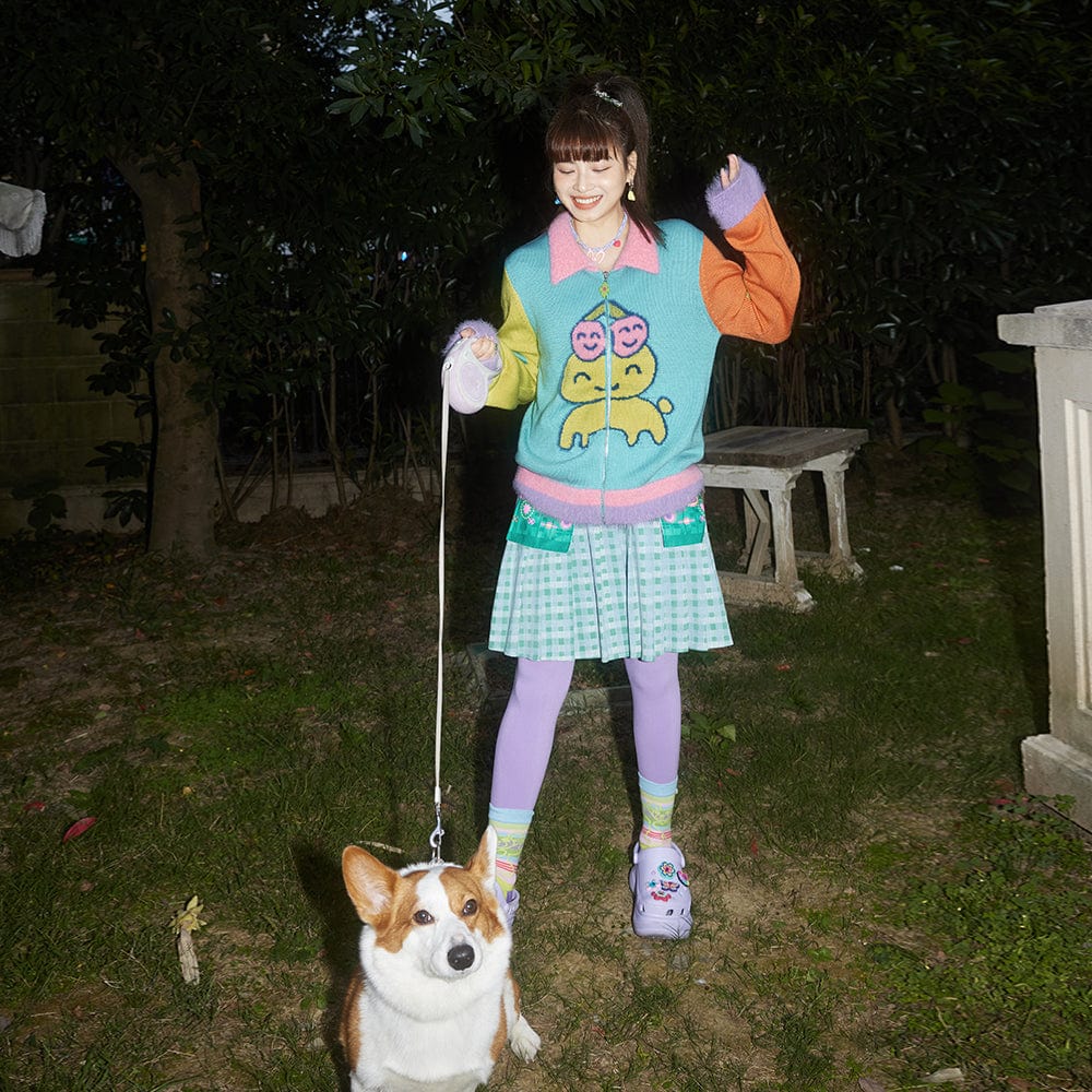 Pink Kawaii Women's Contrast Color Cartoon Knitted Zipper Cardigan